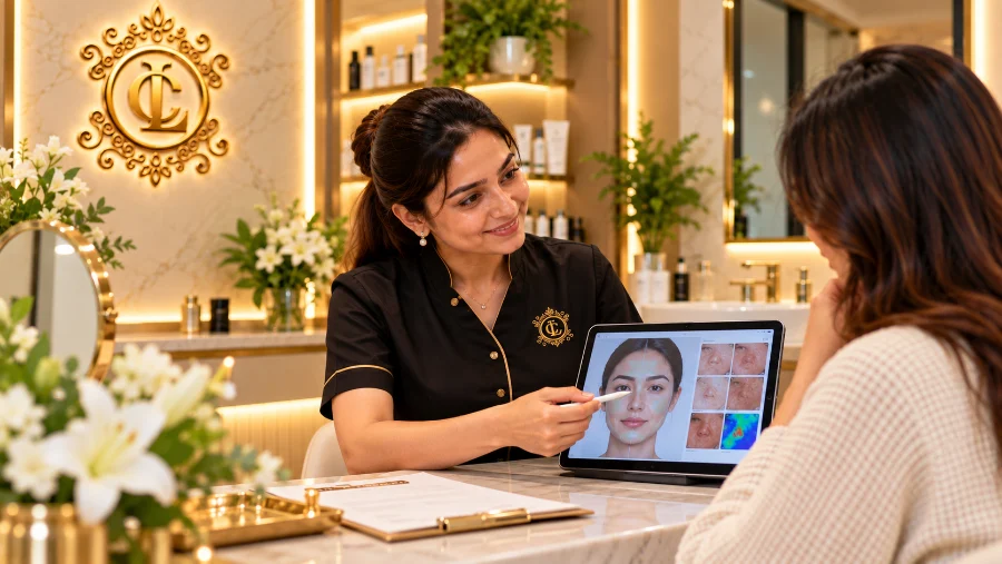 Skin assessment on a tablet during a Cosmoluxe consultation