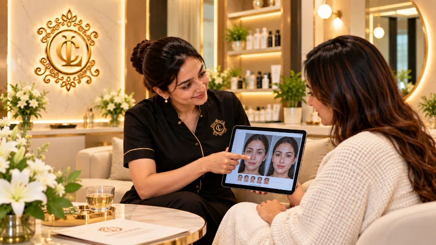 A consultant reviewing a client’s progress in the Cosmoluxe lounge