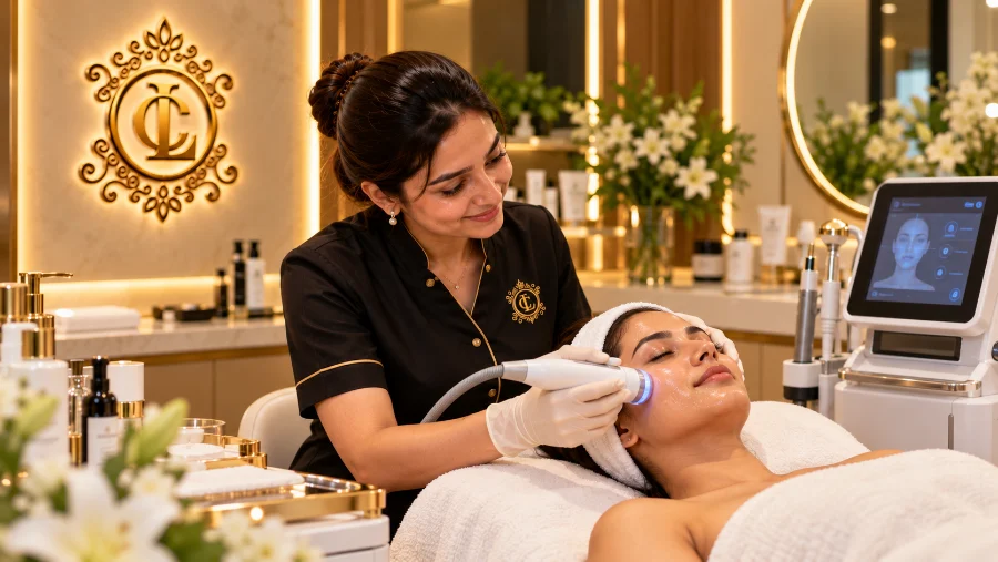 A client receiving a facial treatment in a private Cosmoluxe room
