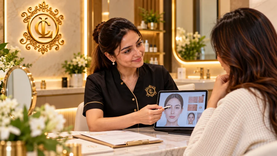 A Cosmoluxe consultant listening to a client’s concerns