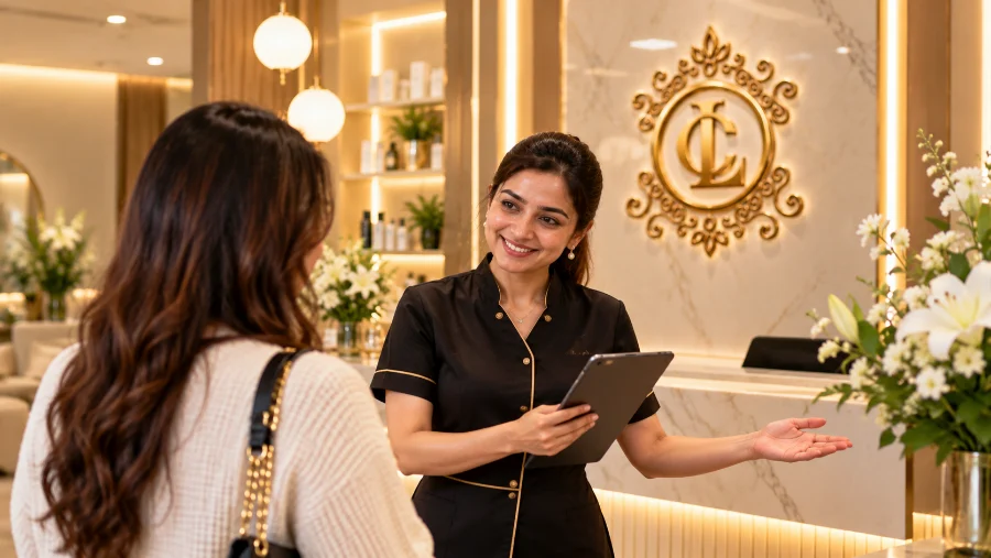 A Cosmoluxe host welcoming a client at the gold-crested reception