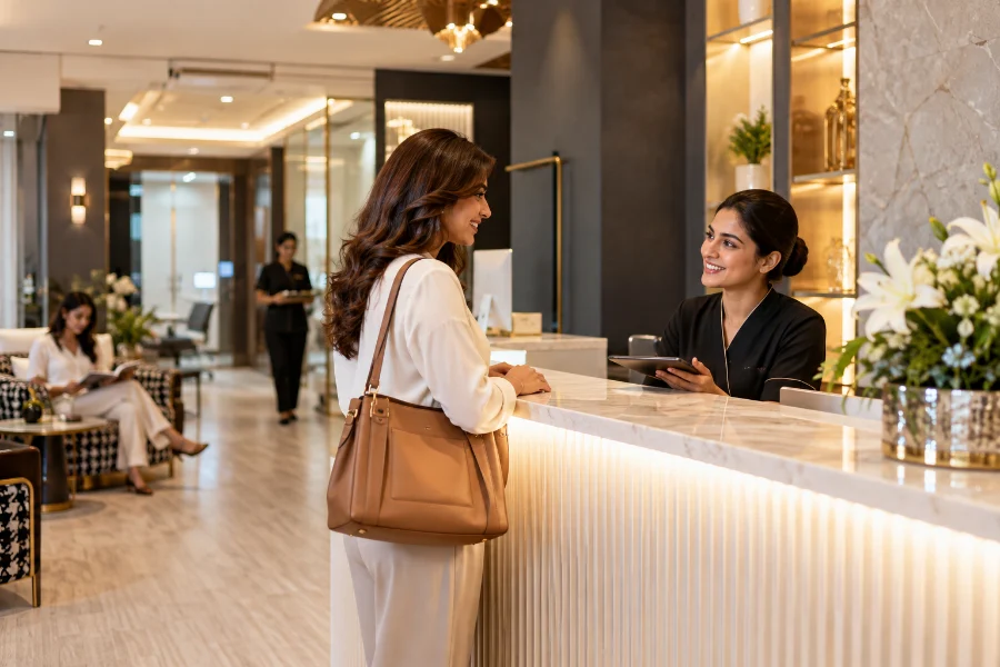 A Cosmoluxe host welcoming a client at the reception