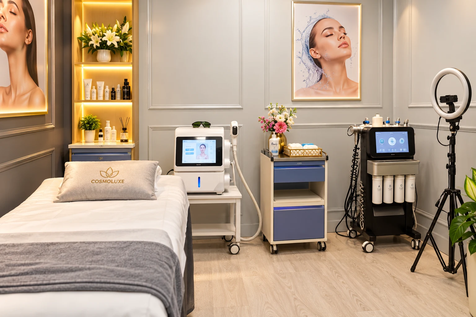 A Cosmoluxe skin treatment room with hydra facial and laser systems
