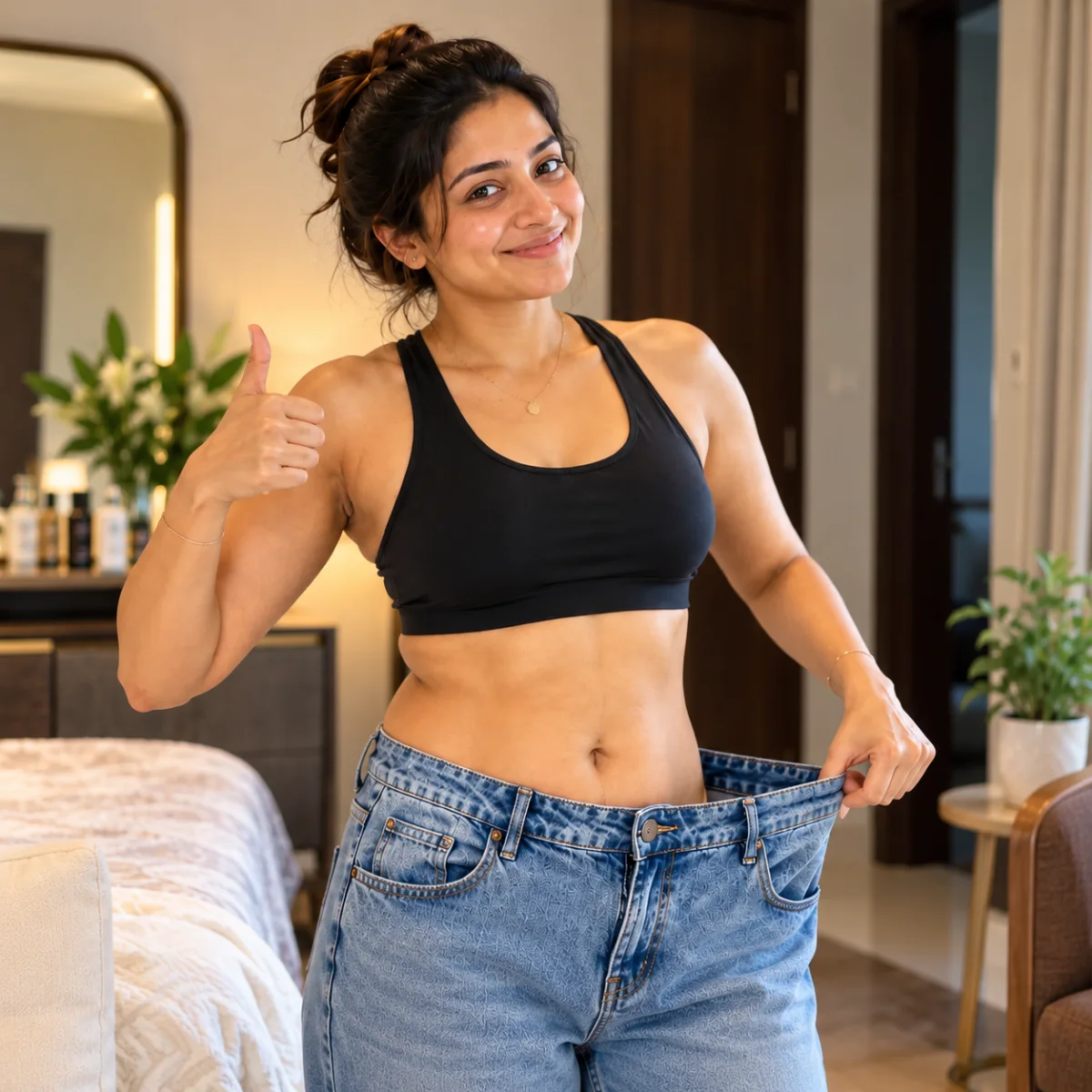 Happy client showing her weight-loss results with the Cosmoluxe Slimming Program