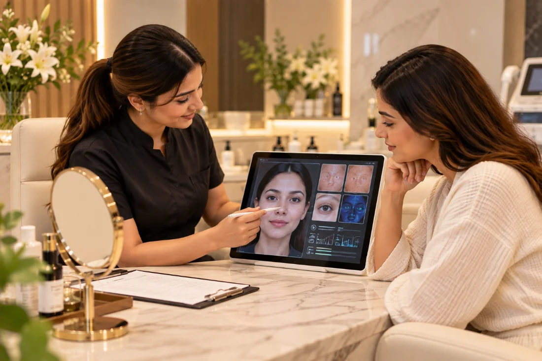 Skin analysis consultation on a tablet at Cosmoluxe