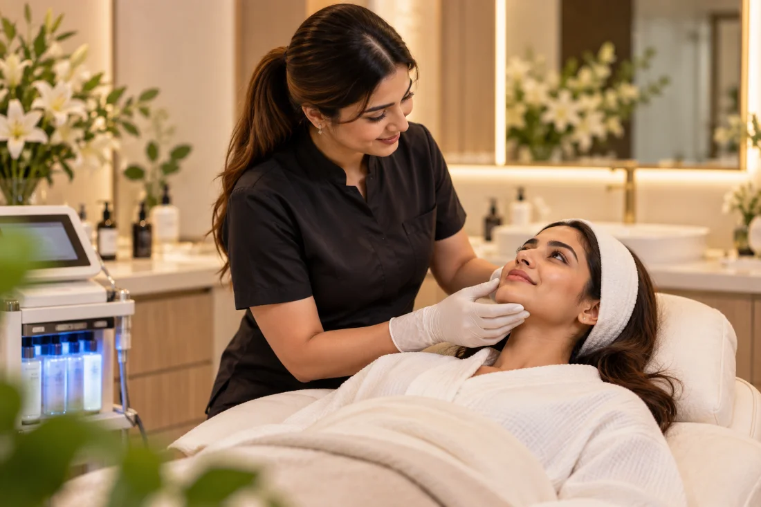 Therapist giving a client a gentle facial treatment