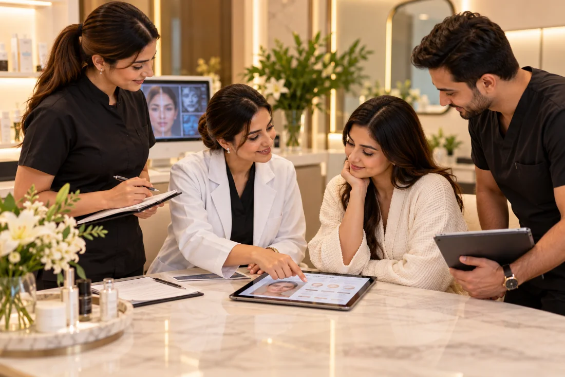 The Cosmoluxe team planning a client’s treatment together