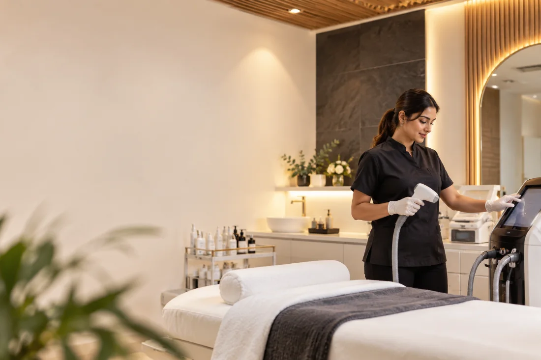 Cosmoluxe therapist preparing professional laser equipment