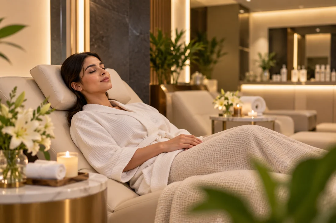 Client relaxing on a lounger in the Cosmoluxe lounge